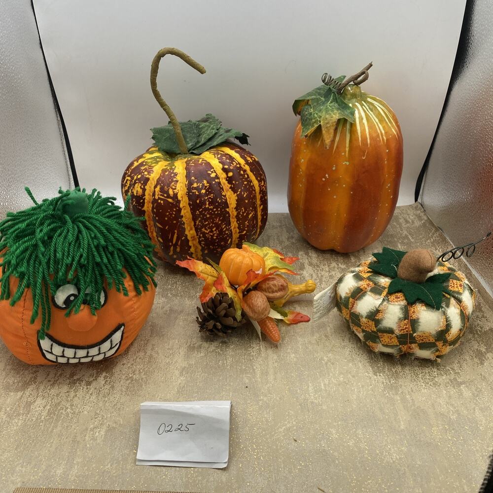 Lot Of 5-Pumpkins, 3-Plastic/Resin, 2-Fabric Halloween Decor, Fall, Autumn